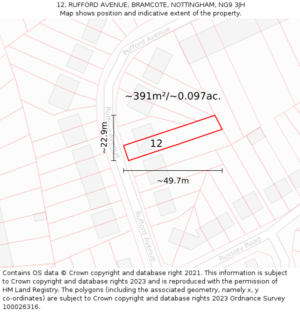 12, RUFFORD AVENUE, BRAMCOTE, NOTTINGHAM, NG9 3JH: Plot and title map