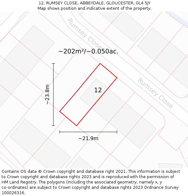12, RUMSEY CLOSE, ABBEYDALE, GLOUCESTER, GL4 5JY: Plot and title map