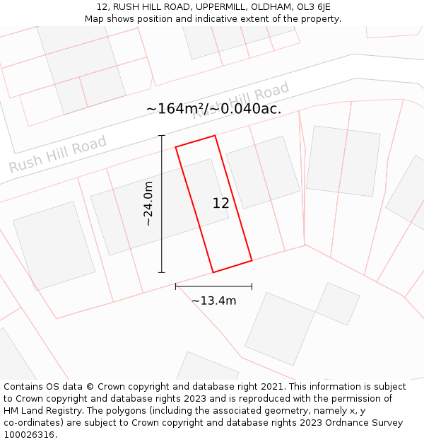 12, RUSH HILL ROAD, UPPERMILL, OLDHAM, OL3 6JE: Plot and title map