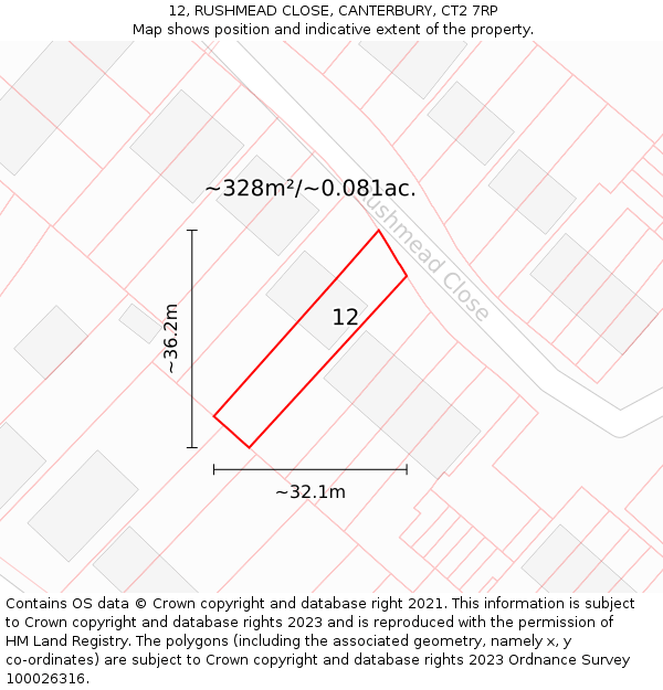 12, RUSHMEAD CLOSE, CANTERBURY, CT2 7RP: Plot and title map
