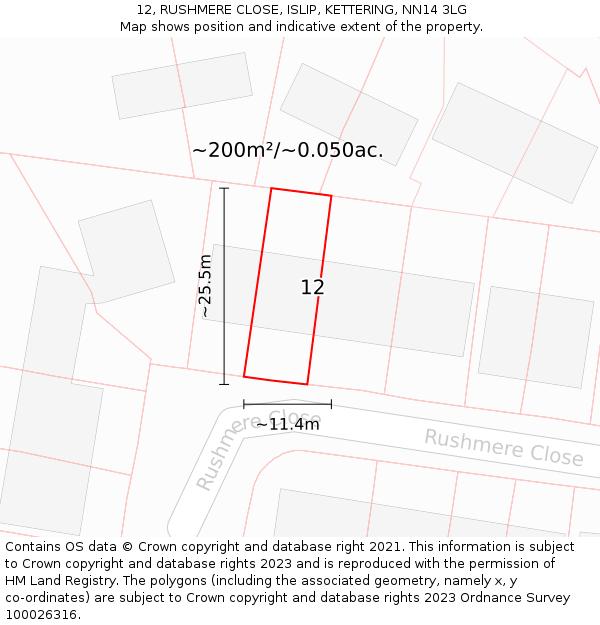 12, RUSHMERE CLOSE, ISLIP, KETTERING, NN14 3LG: Plot and title map