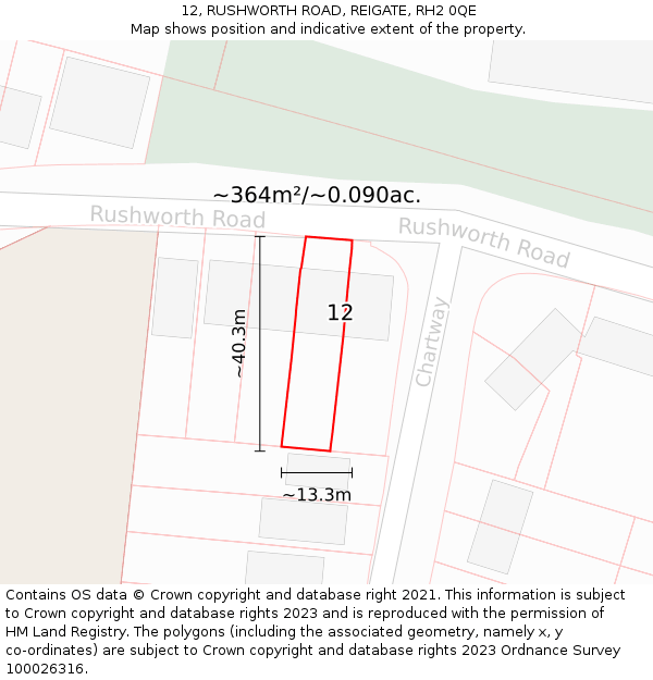 12, RUSHWORTH ROAD, REIGATE, RH2 0QE: Plot and title map