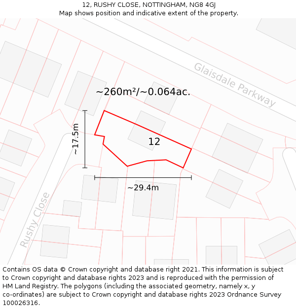 12, RUSHY CLOSE, NOTTINGHAM, NG8 4GJ: Plot and title map