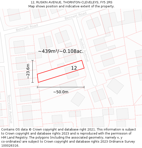 12, RUSKIN AVENUE, THORNTON-CLEVELEYS, FY5 2RS: Plot and title map