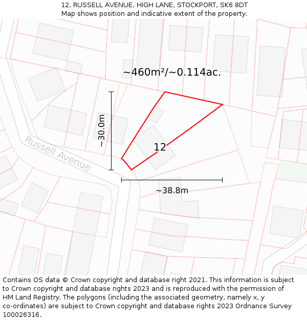 12, RUSSELL AVENUE, HIGH LANE, STOCKPORT, SK6 8DT: Plot and title map