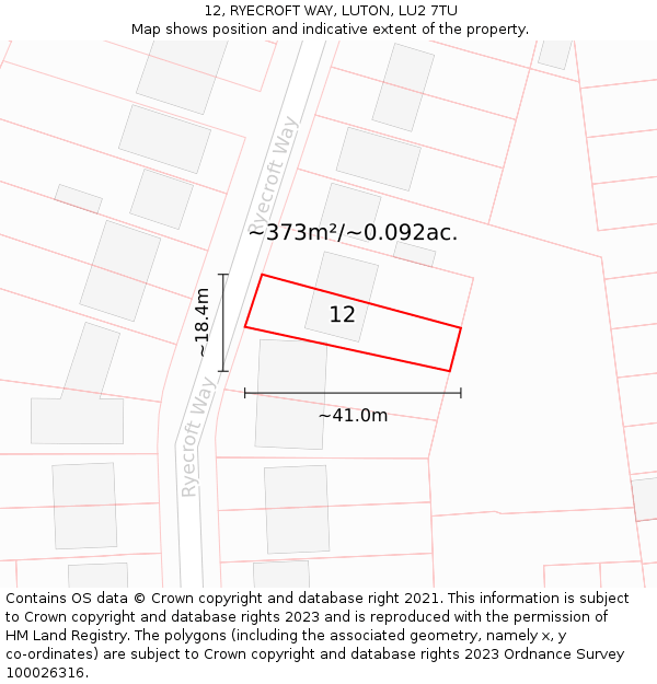 12, RYECROFT WAY, LUTON, LU2 7TU: Plot and title map