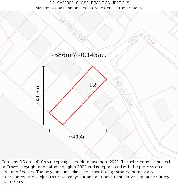 12, SAFFRON CLOSE, BRANDON, IP27 0LS: Plot and title map