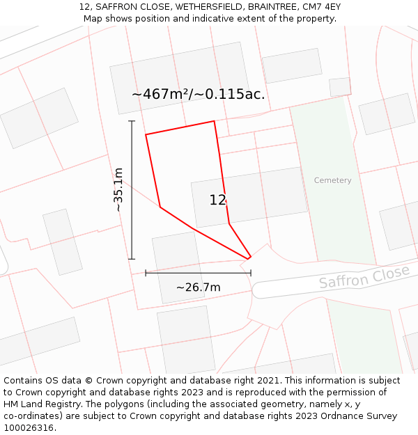 12, SAFFRON CLOSE, WETHERSFIELD, BRAINTREE, CM7 4EY: Plot and title map