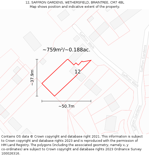 12, SAFFRON GARDENS, WETHERSFIELD, BRAINTREE, CM7 4BL: Plot and title map
