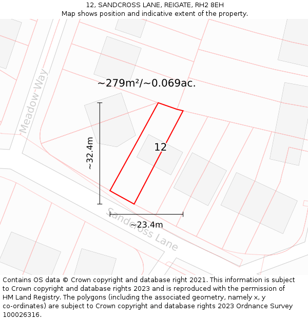 12, SANDCROSS LANE, REIGATE, RH2 8EH: Plot and title map