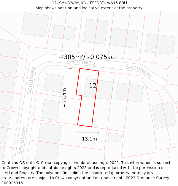 12, SANDIWAY, KNUTSFORD, WA16 8BU: Plot and title map
