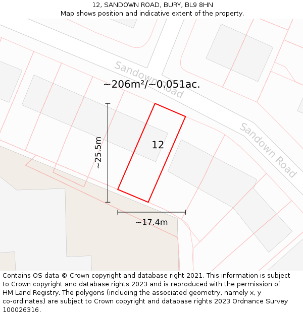 12, SANDOWN ROAD, BURY, BL9 8HN: Plot and title map
