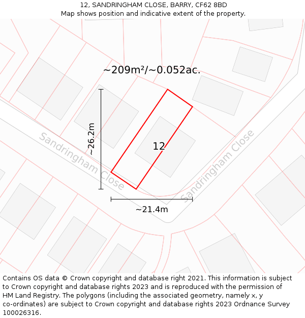 12, SANDRINGHAM CLOSE, BARRY, CF62 8BD: Plot and title map