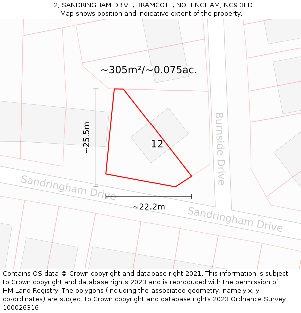 12, SANDRINGHAM DRIVE, BRAMCOTE, NOTTINGHAM, NG9 3ED: Plot and title map