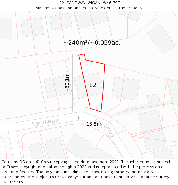 12, SANDWAY, WIGAN, WN6 7SF: Plot and title map