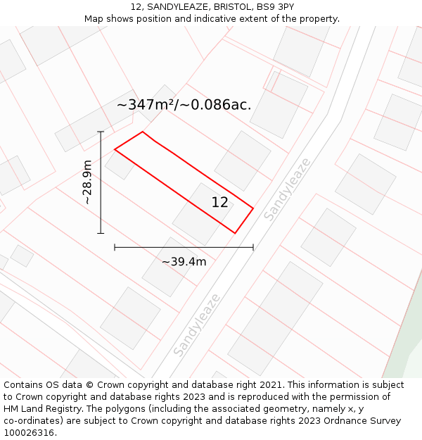 12, SANDYLEAZE, BRISTOL, BS9 3PY: Plot and title map