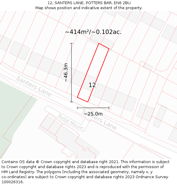 12, SANTERS LANE, POTTERS BAR, EN6 2BU: Plot and title map