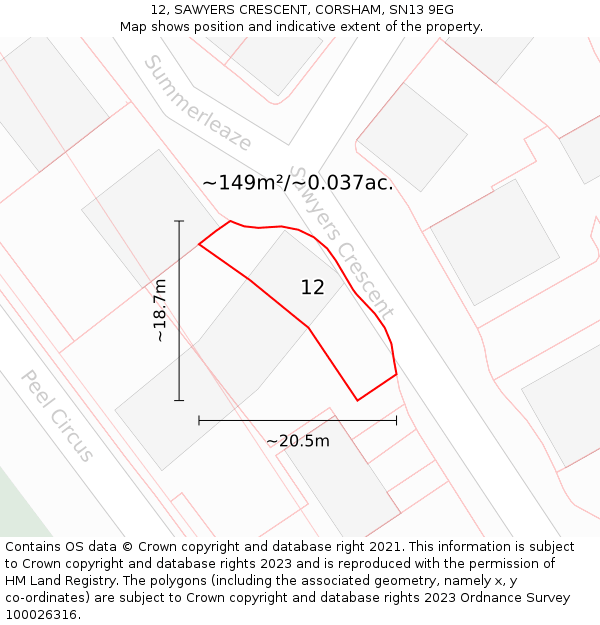 12, SAWYERS CRESCENT, CORSHAM, SN13 9EG: Plot and title map
