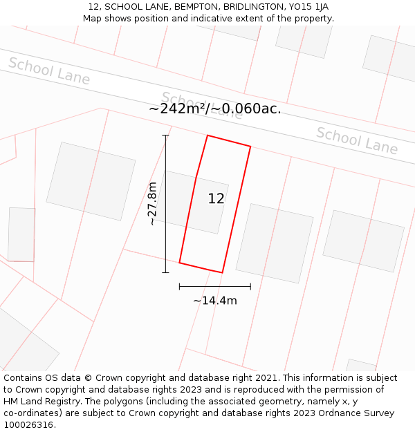 12, SCHOOL LANE, BEMPTON, BRIDLINGTON, YO15 1JA: Plot and title map