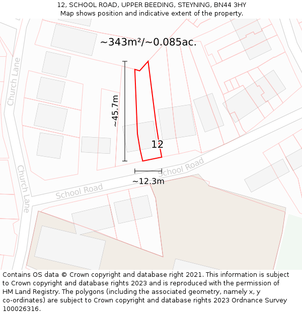 12, SCHOOL ROAD, UPPER BEEDING, STEYNING, BN44 3HY: Plot and title map