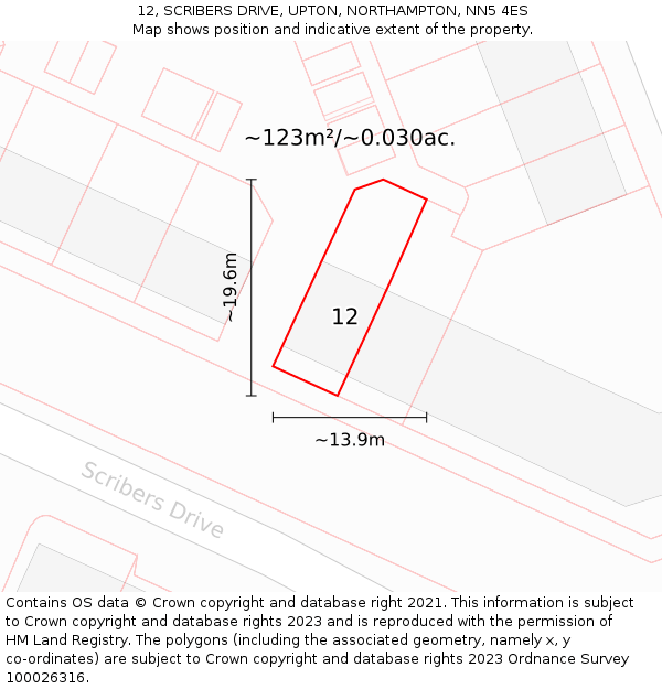 12, SCRIBERS DRIVE, UPTON, NORTHAMPTON, NN5 4ES: Plot and title map