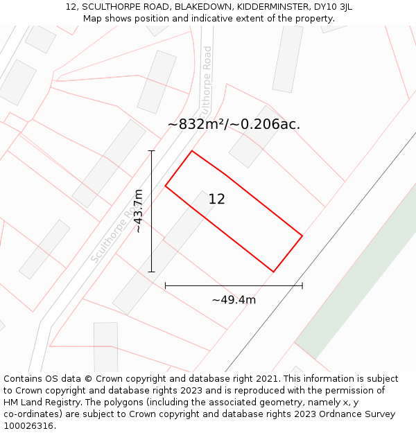 12, SCULTHORPE ROAD, BLAKEDOWN, KIDDERMINSTER, DY10 3JL: Plot and title map