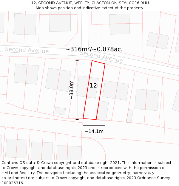 12, SECOND AVENUE, WEELEY, CLACTON-ON-SEA, CO16 9HU: Plot and title map