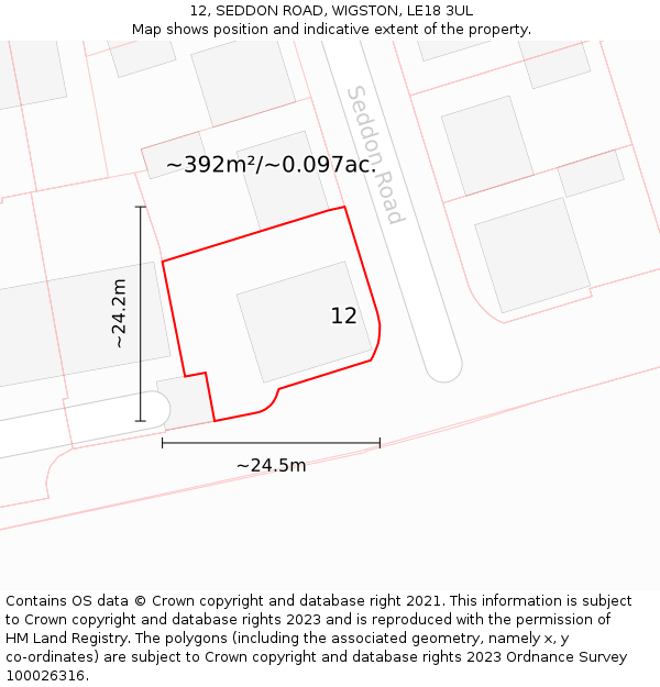 12, SEDDON ROAD, WIGSTON, LE18 3UL: Plot and title map