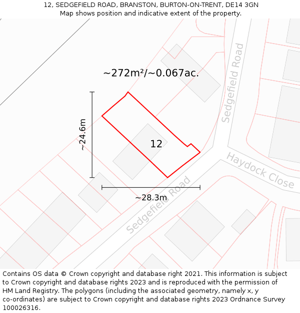 12, SEDGEFIELD ROAD, BRANSTON, BURTON-ON-TRENT, DE14 3GN: Plot and title map