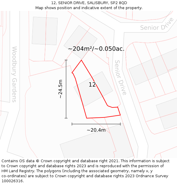 12, SENIOR DRIVE, SALISBURY, SP2 8QD: Plot and title map