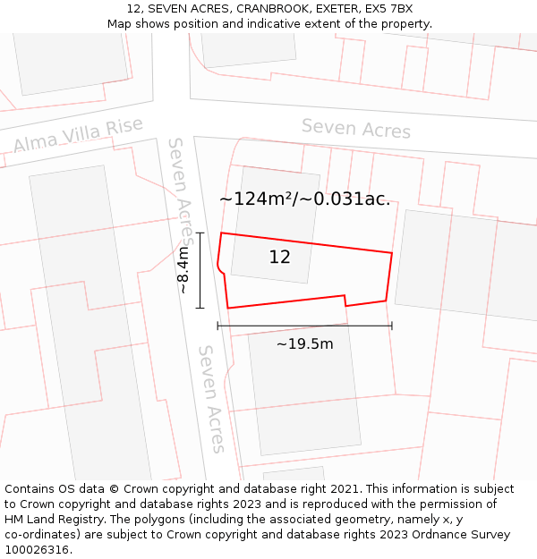 12, SEVEN ACRES, CRANBROOK, EXETER, EX5 7BX: Plot and title map