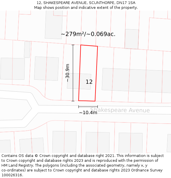 12, SHAKESPEARE AVENUE, SCUNTHORPE, DN17 1SA: Plot and title map