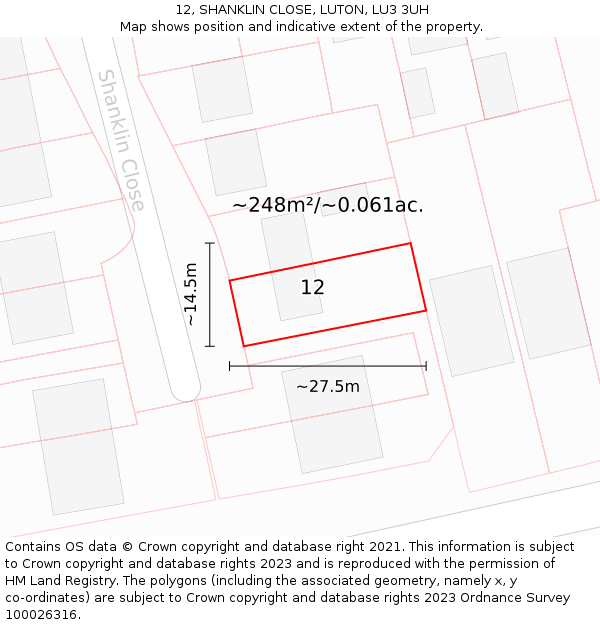 12, SHANKLIN CLOSE, LUTON, LU3 3UH: Plot and title map