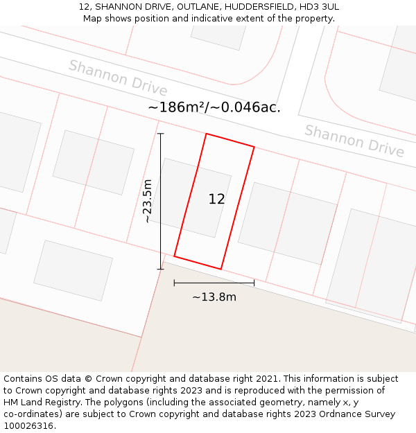 12, SHANNON DRIVE, OUTLANE, HUDDERSFIELD, HD3 3UL: Plot and title map