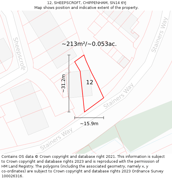 12, SHEEPSCROFT, CHIPPENHAM, SN14 6YJ: Plot and title map