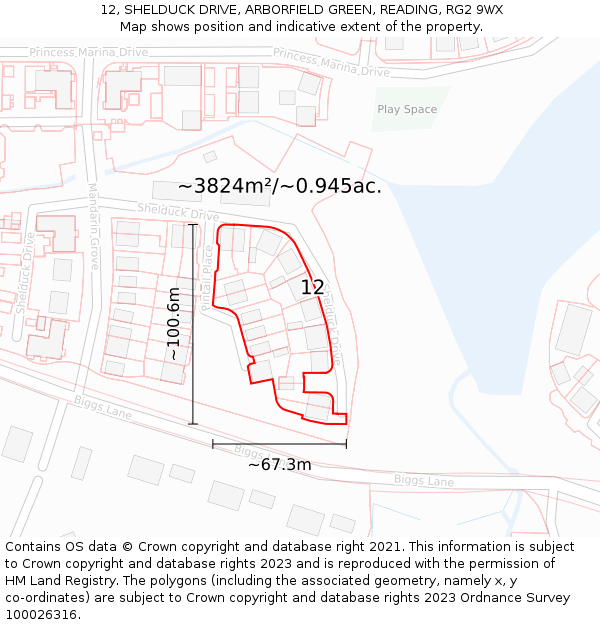12, SHELDUCK DRIVE, ARBORFIELD GREEN, READING, RG2 9WX: Plot and title map
