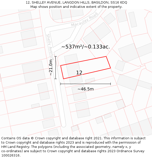 12, SHELLEY AVENUE, LANGDON HILLS, BASILDON, SS16 6DQ: Plot and title map