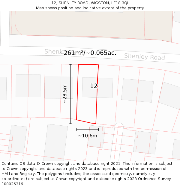 12, SHENLEY ROAD, WIGSTON, LE18 3QL: Plot and title map