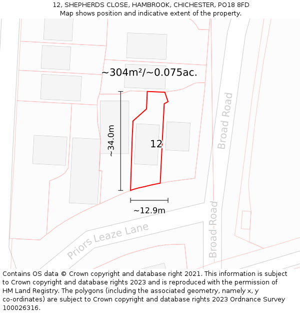 12, SHEPHERDS CLOSE, HAMBROOK, CHICHESTER, PO18 8FD: Plot and title map