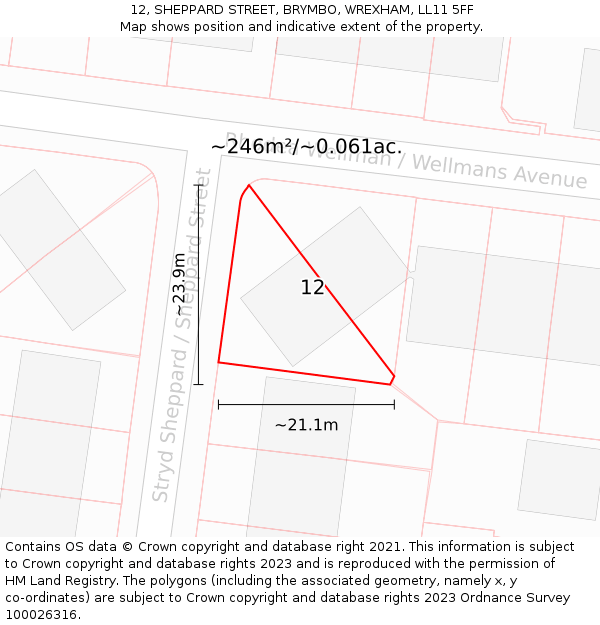 12, SHEPPARD STREET, BRYMBO, WREXHAM, LL11 5FF: Plot and title map
