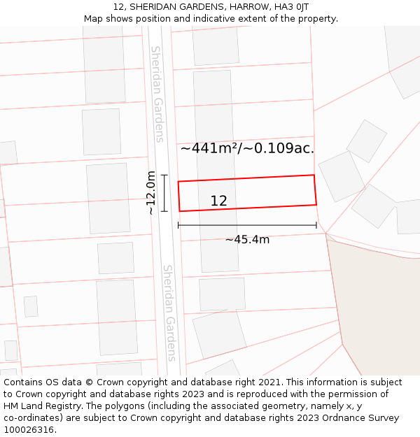 12, SHERIDAN GARDENS, HARROW, HA3 0JT: Plot and title map