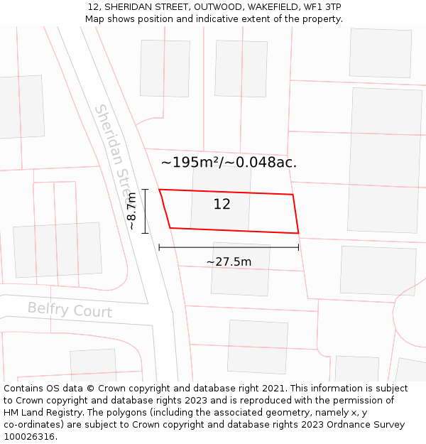 12, SHERIDAN STREET, OUTWOOD, WAKEFIELD, WF1 3TP: Plot and title map