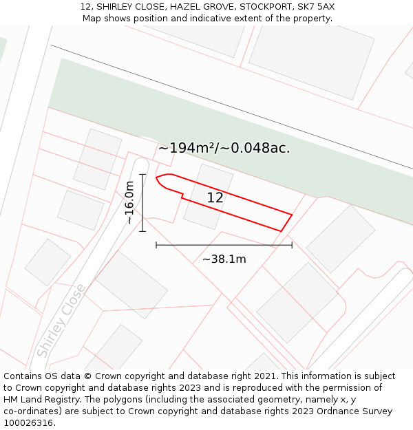 12, SHIRLEY CLOSE, HAZEL GROVE, STOCKPORT, SK7 5AX: Plot and title map