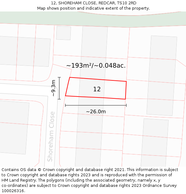 12, SHOREHAM CLOSE, REDCAR, TS10 2RD: Plot and title map