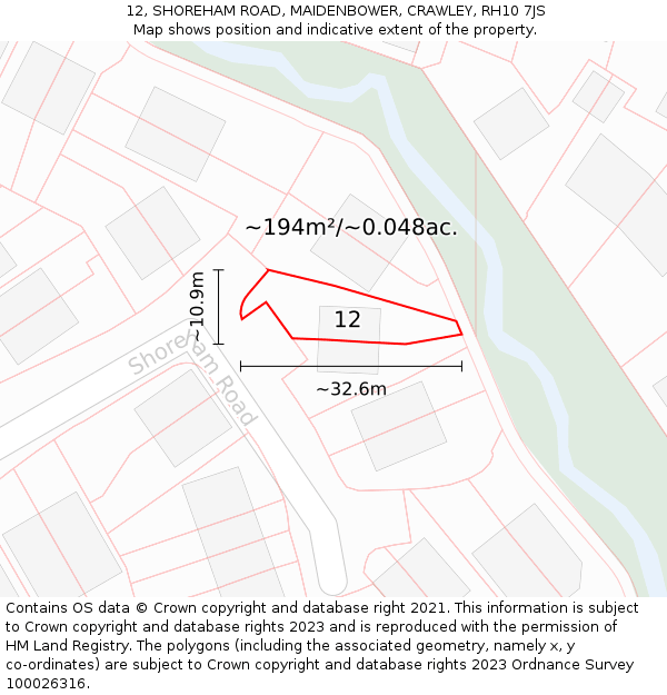 12, SHOREHAM ROAD, MAIDENBOWER, CRAWLEY, RH10 7JS: Plot and title map