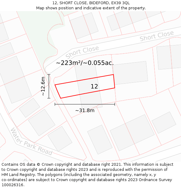 12, SHORT CLOSE, BIDEFORD, EX39 3QL: Plot and title map