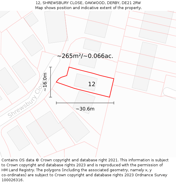 12, SHREWSBURY CLOSE, OAKWOOD, DERBY, DE21 2RW: Plot and title map