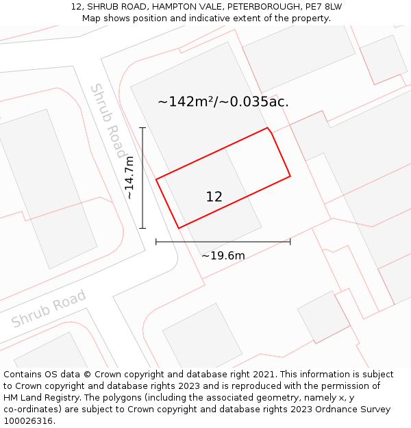 12, SHRUB ROAD, HAMPTON VALE, PETERBOROUGH, PE7 8LW: Plot and title map