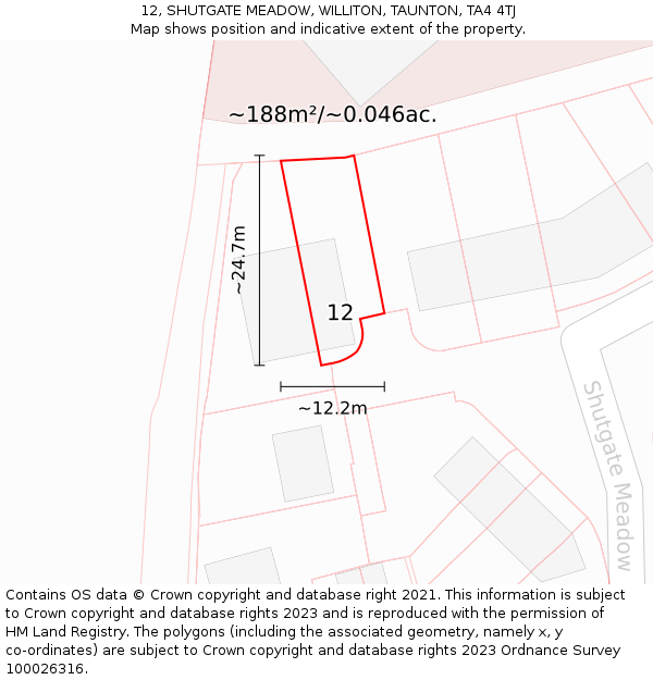 12, SHUTGATE MEADOW, WILLITON, TAUNTON, TA4 4TJ: Plot and title map