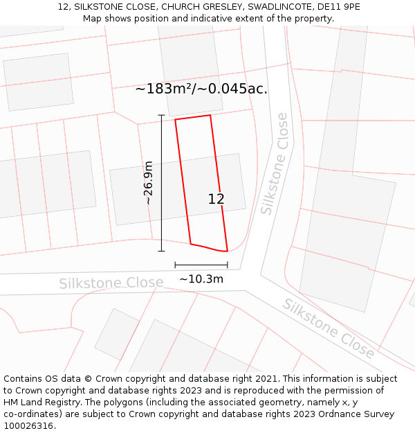 12, SILKSTONE CLOSE, CHURCH GRESLEY, SWADLINCOTE, DE11 9PE: Plot and title map